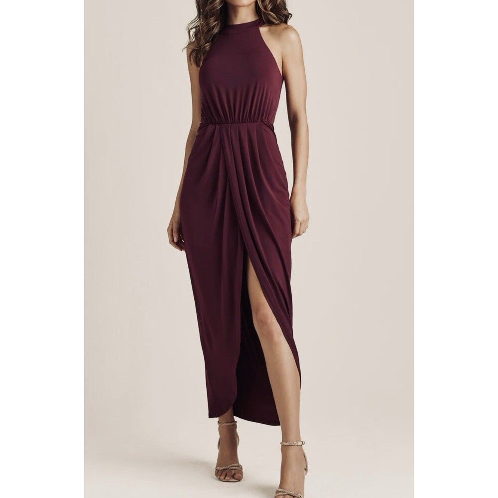 Venus Drape Hi Low Maxi Dress In Burgundy, Size XS